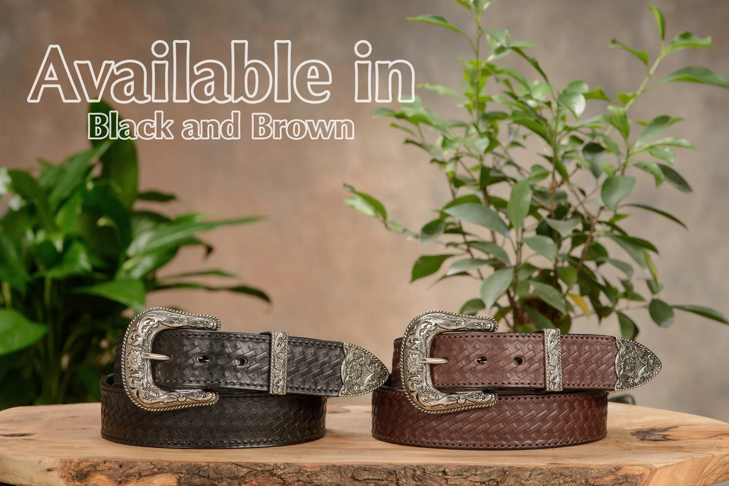 The Wayne: Men's Brown Stitched Basket Weave Western Leather Belt 1.50"