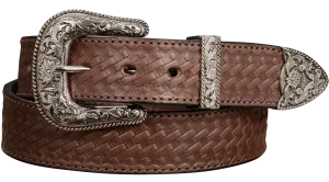 The Wayne: Men's Brown Stitched Basket Weave Western Leather Belt 1.50"
