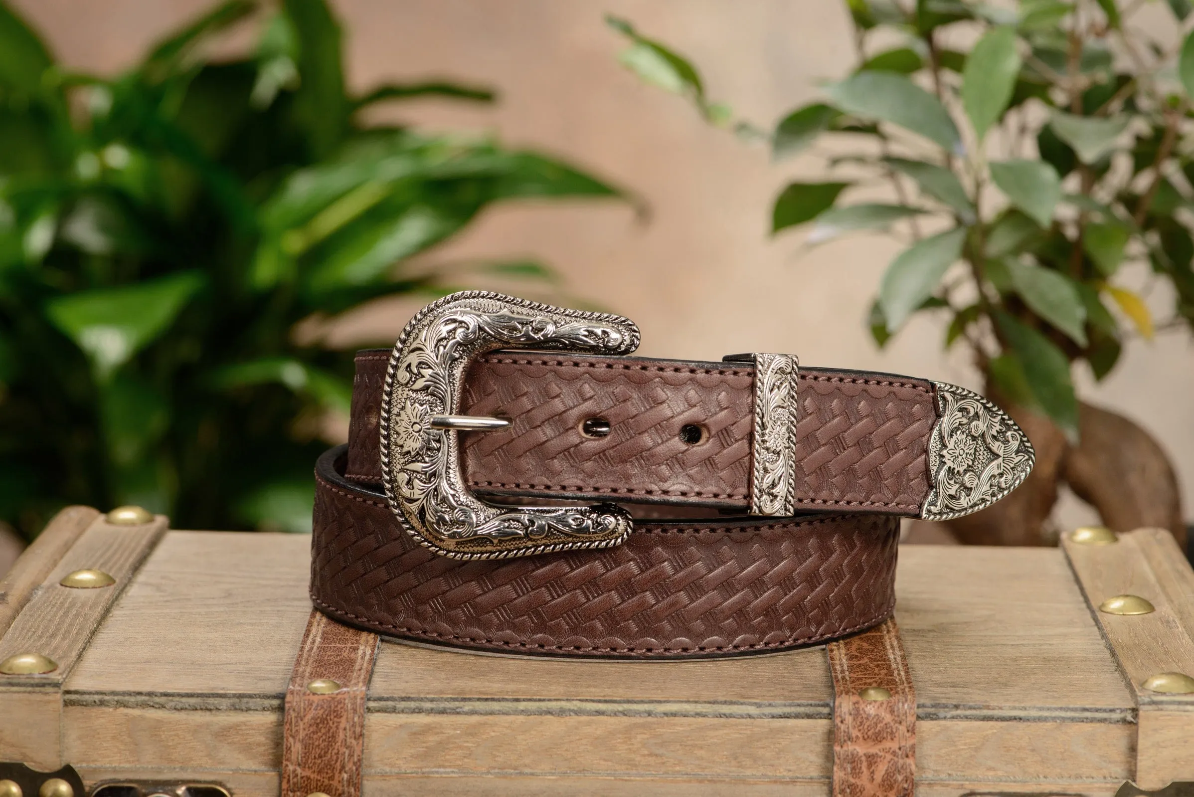 The Wayne: Men's Brown Stitched Basket Weave Western Leather Belt 1.50"
