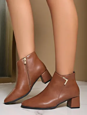 Thick Heel Pointed Toe Ankle Boots - Brown