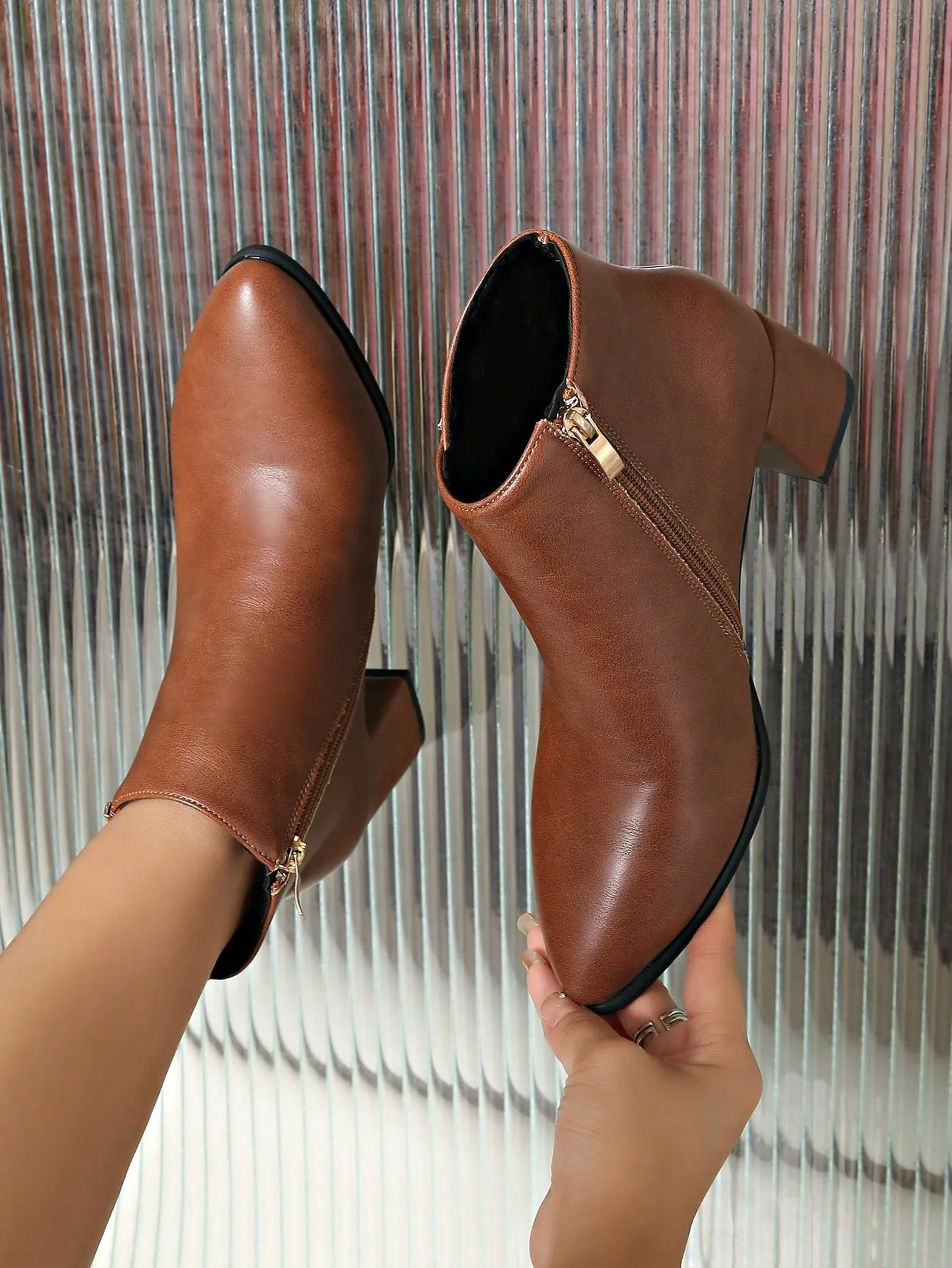 Thick Heel Pointed Toe Ankle Boots - Brown