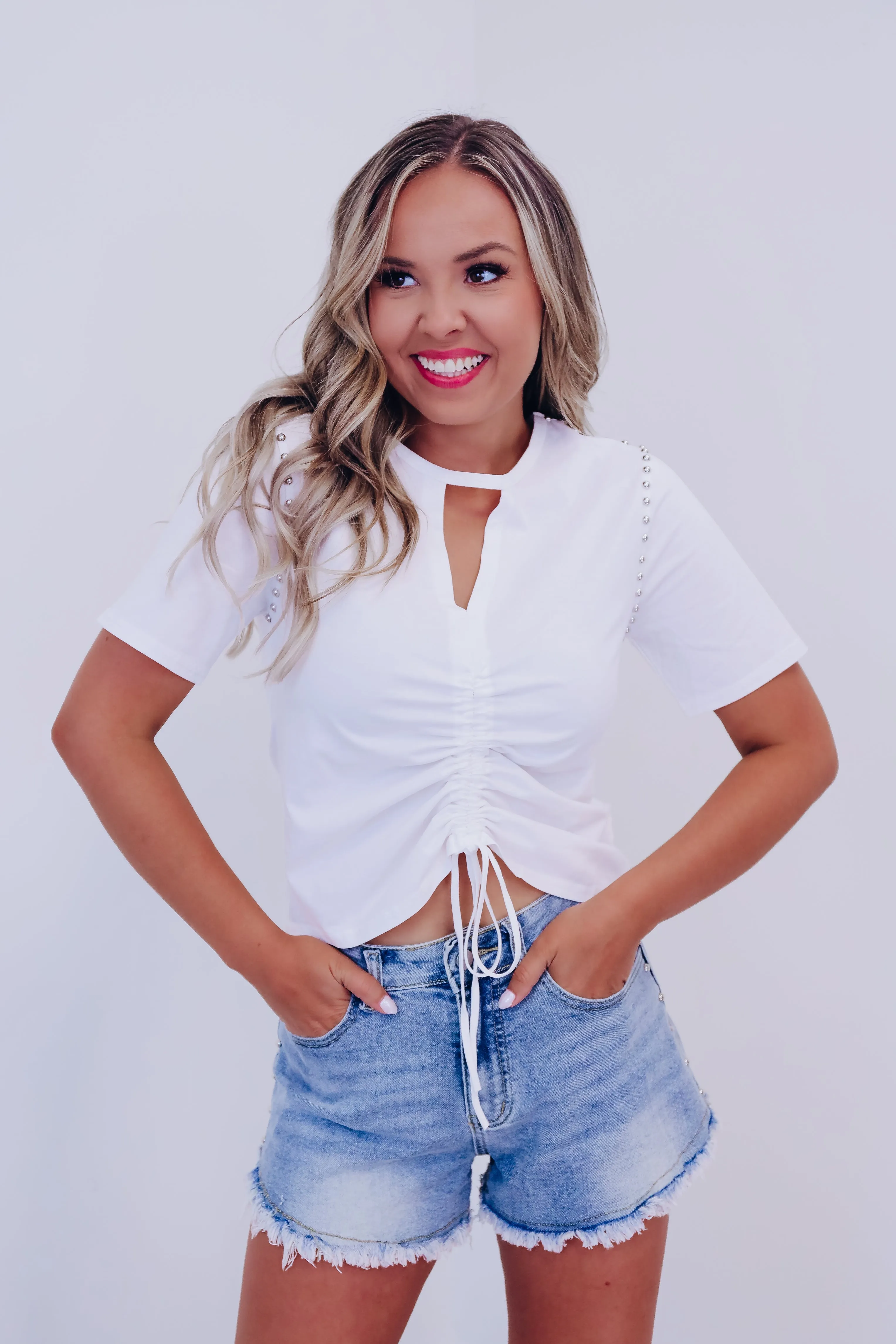 Tulsa Tie Front Studded Crop Top -  White