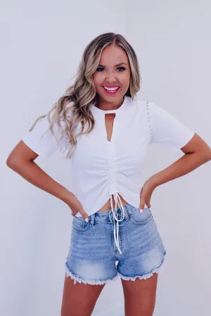 Tulsa Tie Front Studded Crop Top -  White
