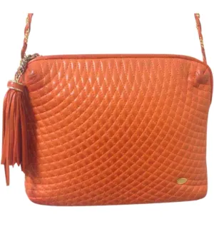 Vintage BALLY rare color, orange quilted lambskin golden chain shoulder purse with golden motif and matching tassel. Must have. 05063011