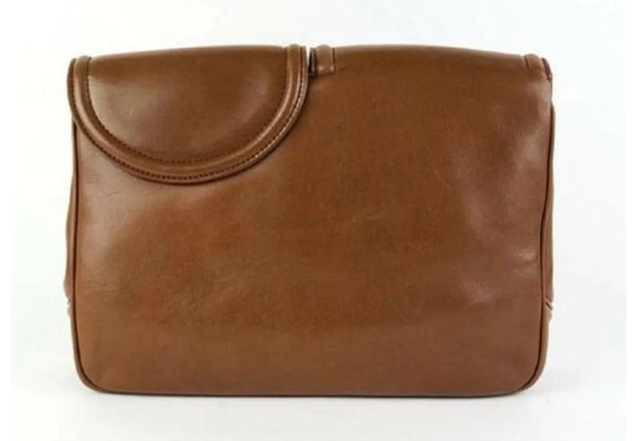 Vintage Christian Dior brown genuine nappa leather double flap clutch bag, classic unisex style bag with golden logo motif. 050316r6