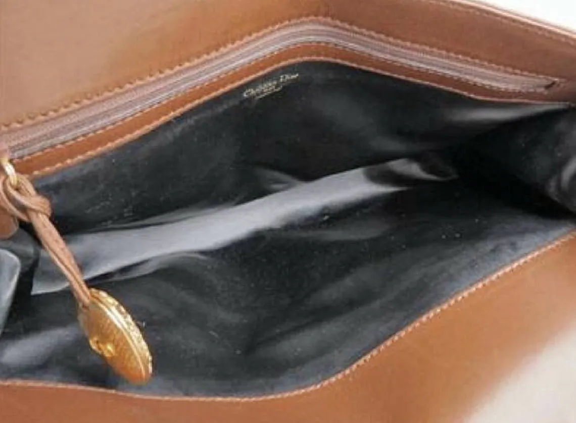 Vintage Christian Dior brown genuine nappa leather double flap clutch bag, classic unisex style bag with golden logo motif. 050316r6