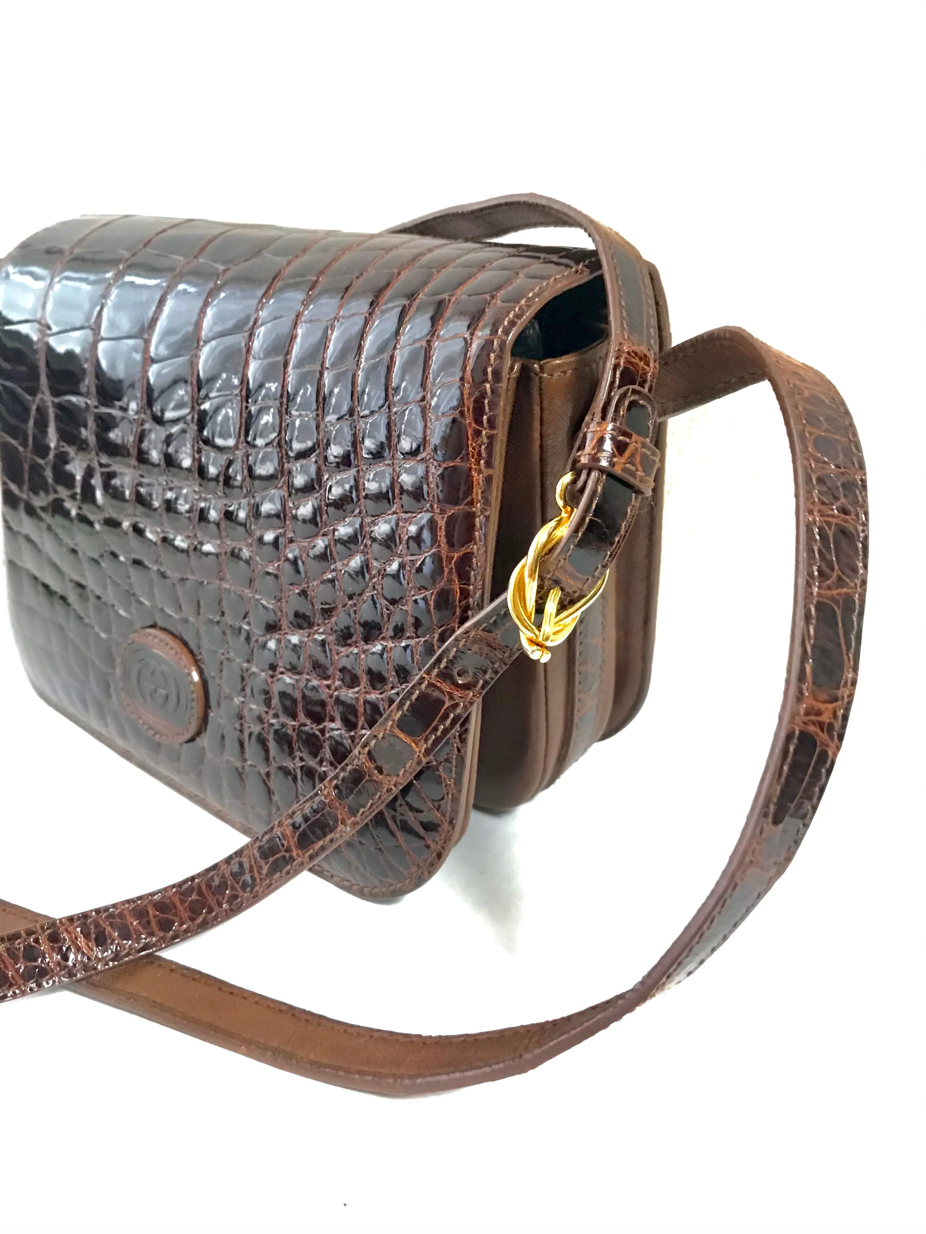 Vintage GUCCI brown crocodile leather shoulder bag with GG mark. Unisex. Rare masterpiece.