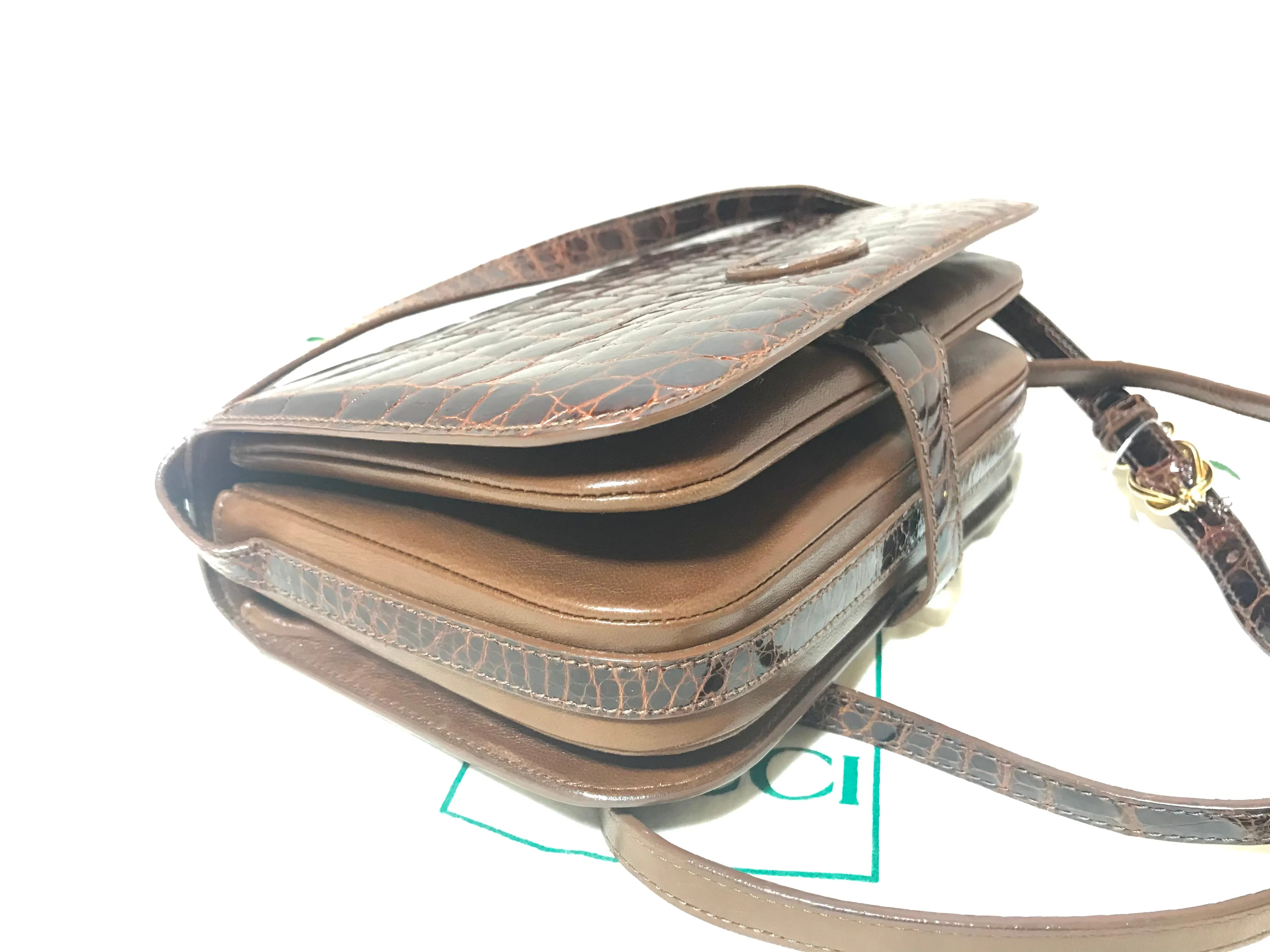 Vintage GUCCI brown crocodile leather shoulder bag with GG mark. Unisex. Rare masterpiece.