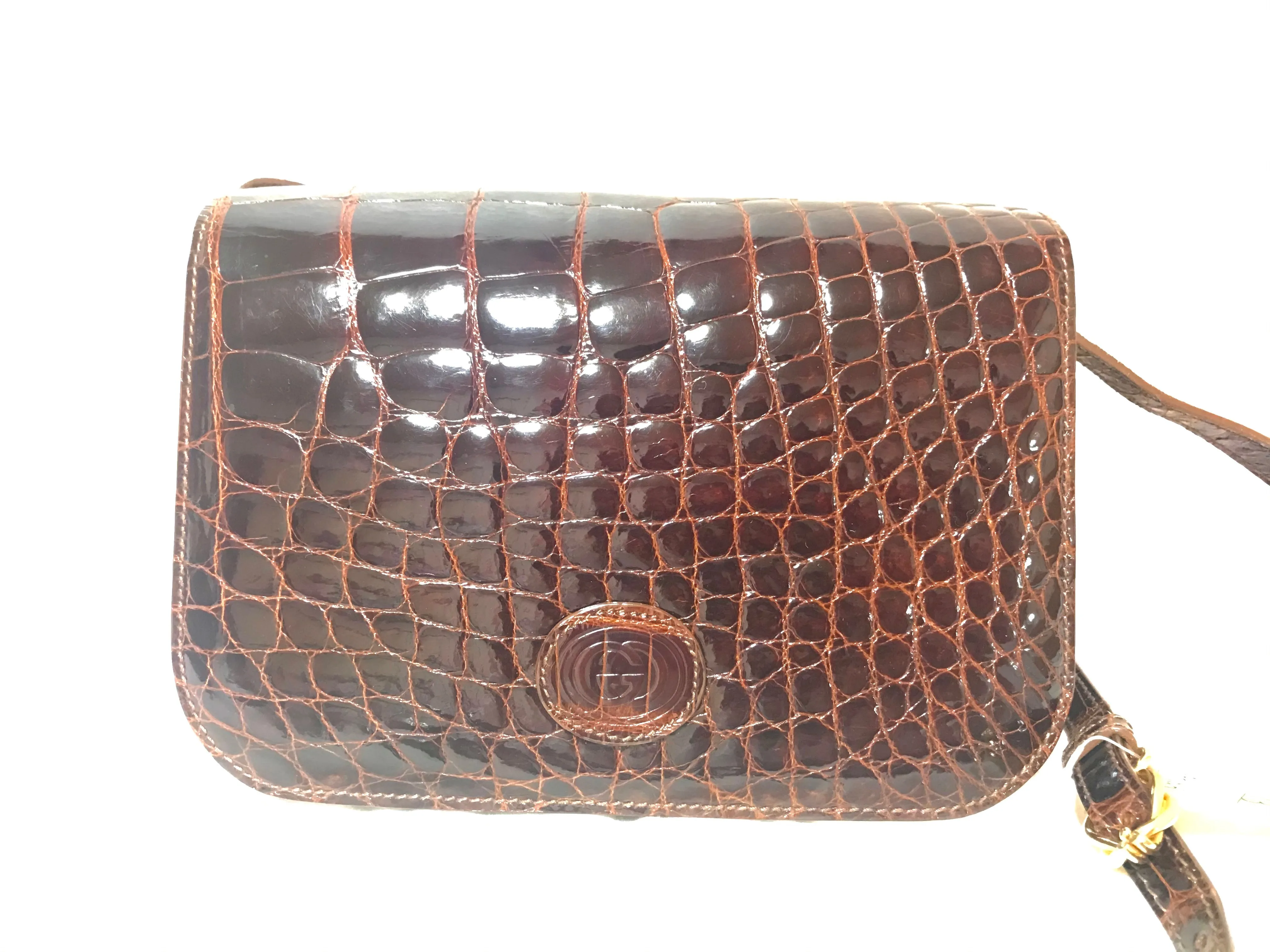 Vintage GUCCI brown crocodile leather shoulder bag with GG mark. Unisex. Rare masterpiece.