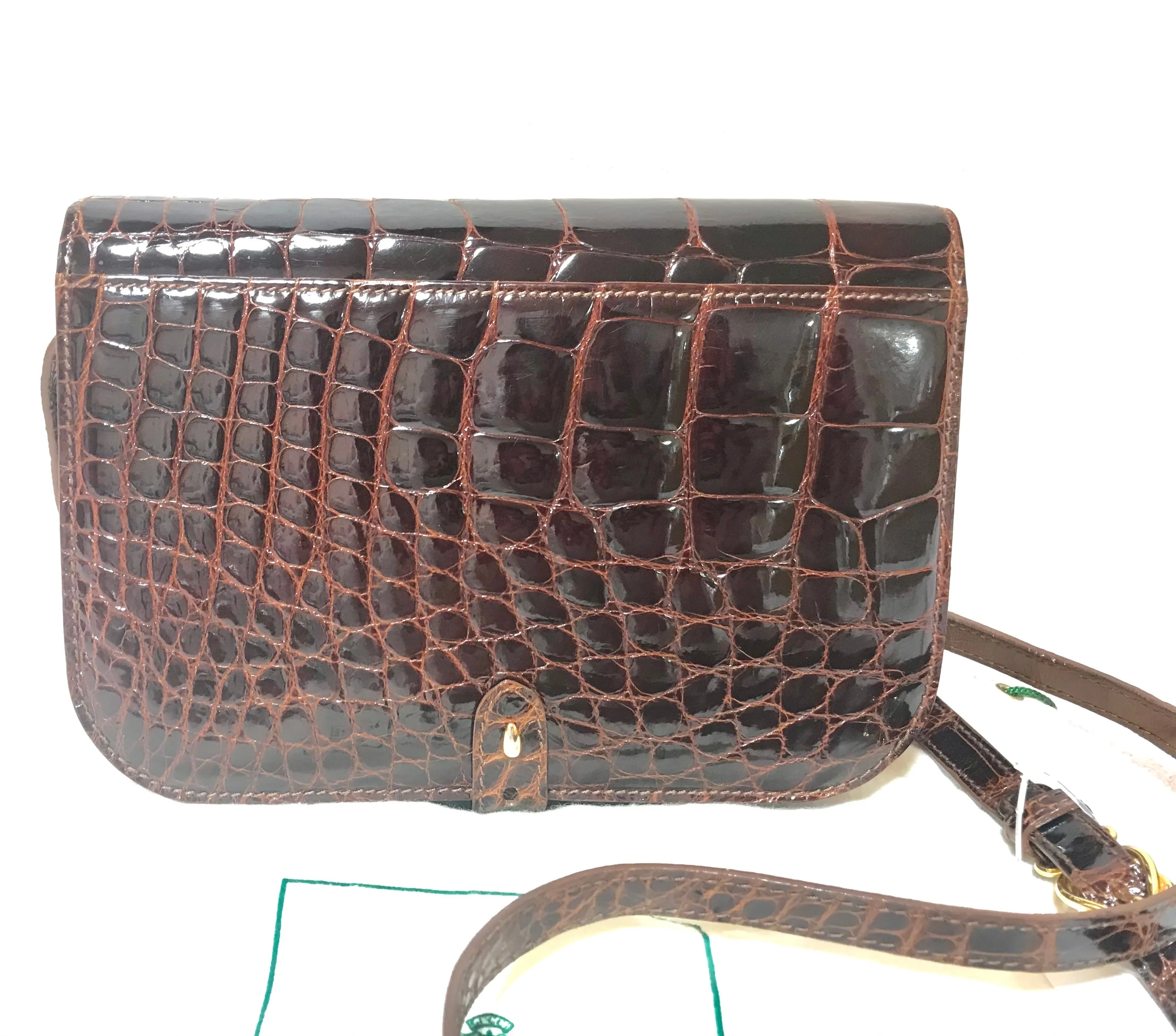Vintage GUCCI brown crocodile leather shoulder bag with GG mark. Unisex. Rare masterpiece.