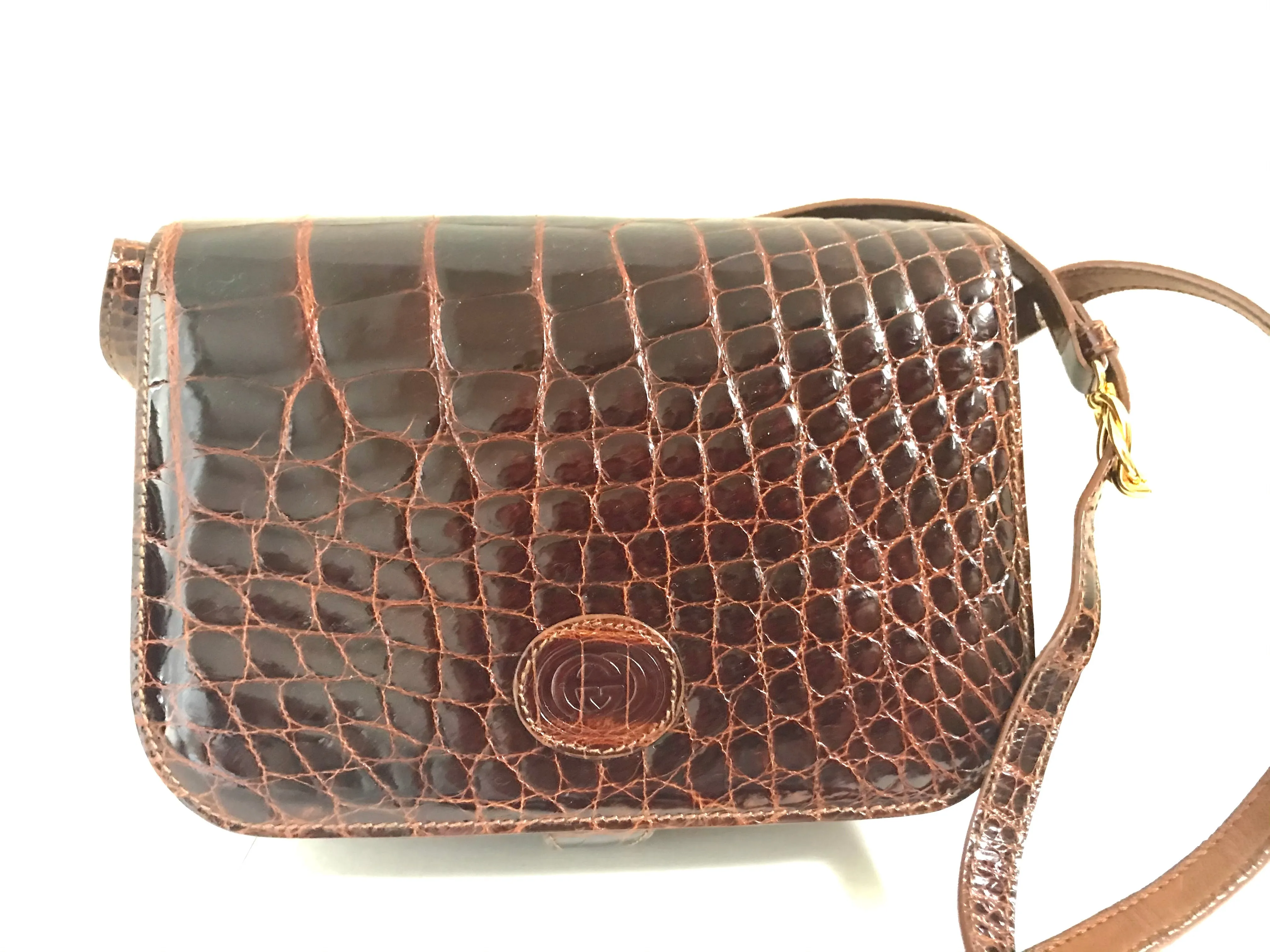 Vintage GUCCI brown crocodile leather shoulder bag with GG mark. Unisex. Rare masterpiece.