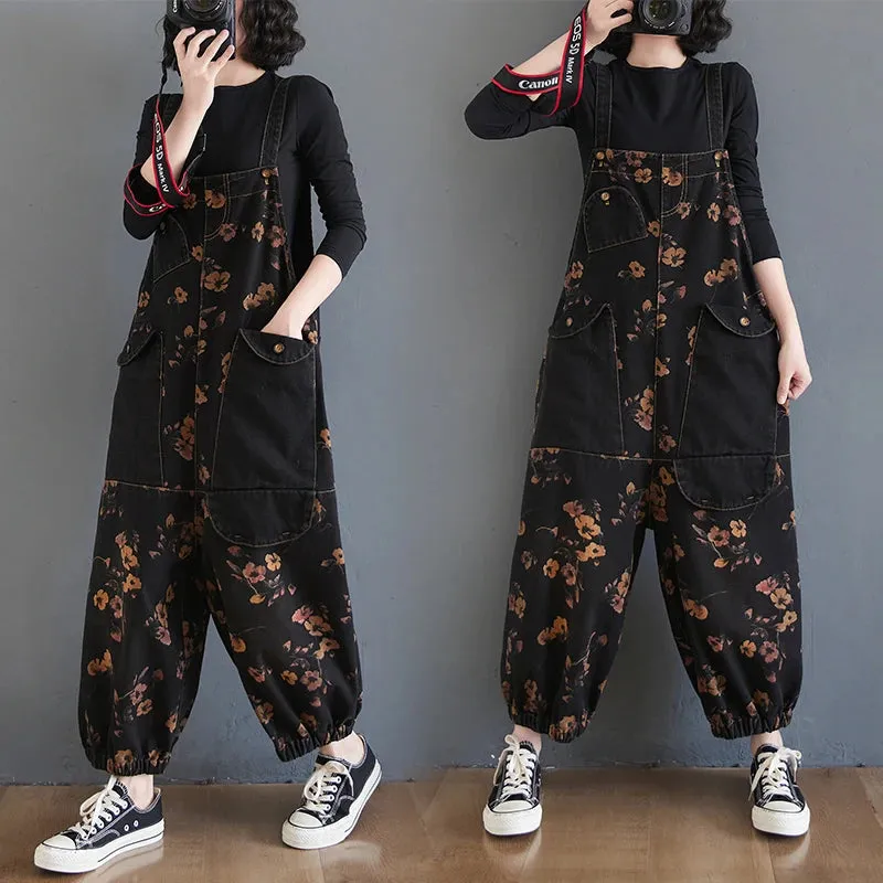 Vintage Print Floral Denim Jumpsuit