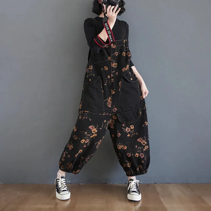 Vintage Print Floral Denim Jumpsuit