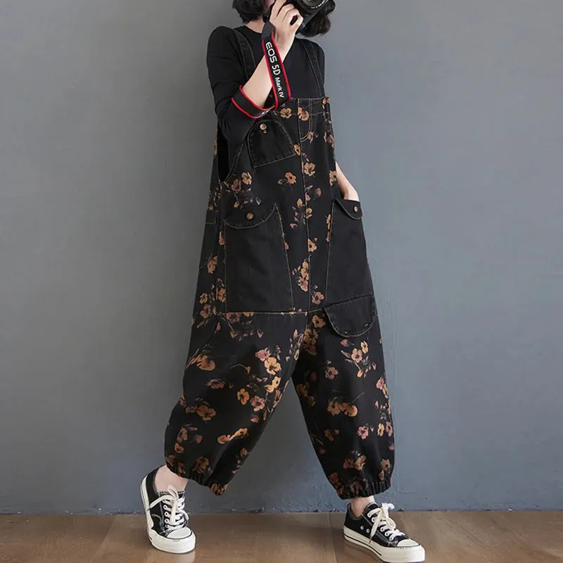 Vintage Print Floral Denim Jumpsuit