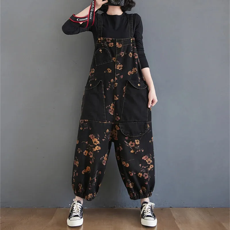 Vintage Print Floral Denim Jumpsuit