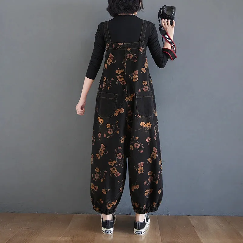Vintage Print Floral Denim Jumpsuit