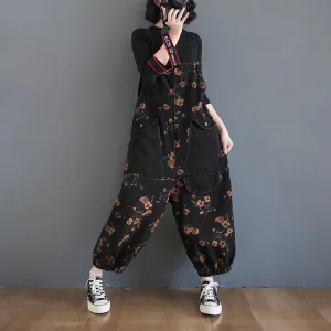 Vintage Print Floral Denim Jumpsuit