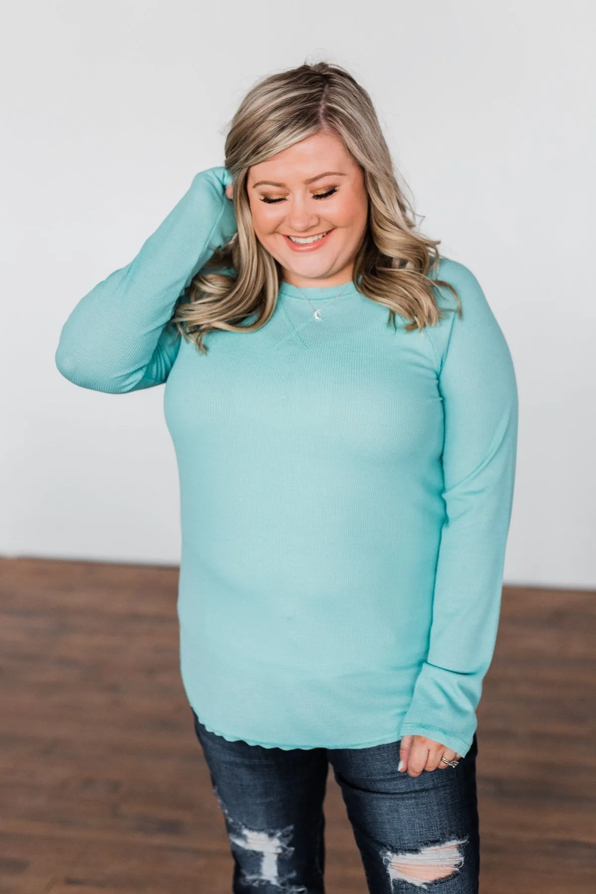 Well With My Soul Thermal Knit Top- Mint Blue