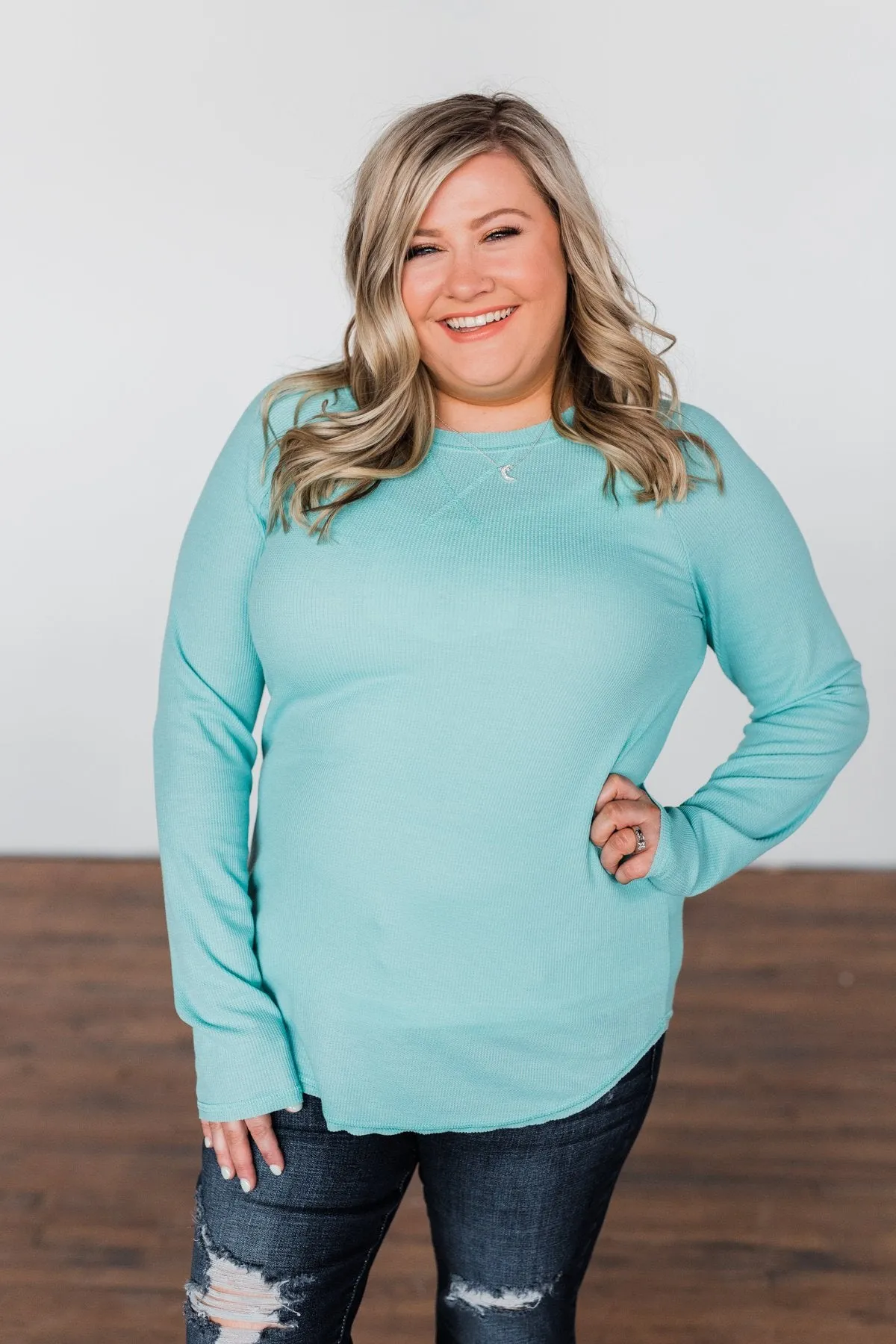 Well With My Soul Thermal Knit Top- Mint Blue