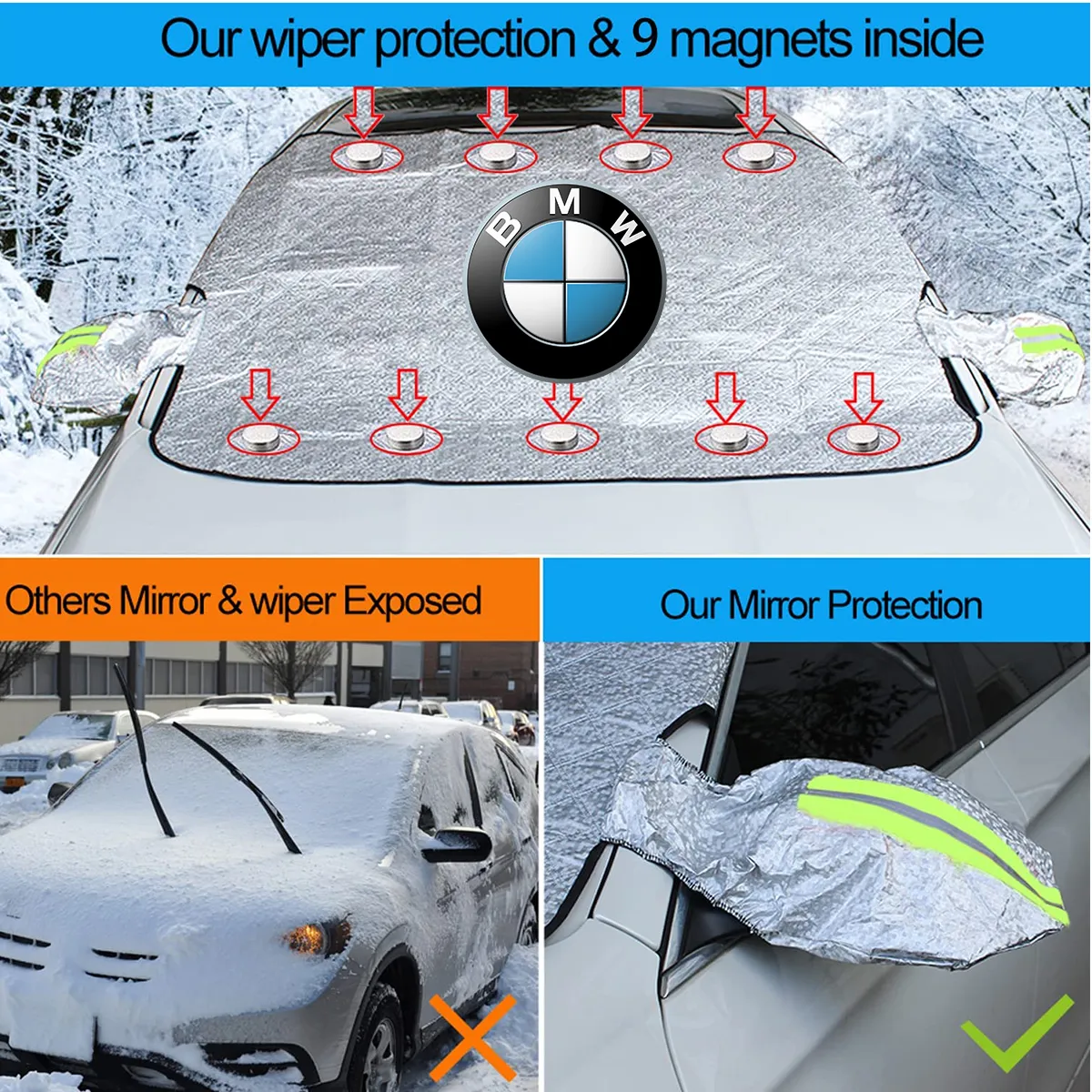 Windshield Cover for Ice and Snow, Custom fit for car, Magnetic Windshield Cover, Water, Heat & Sag-Proof Car Windshield Snow Cover, Mirror Protector Windproof Sunshade Cover