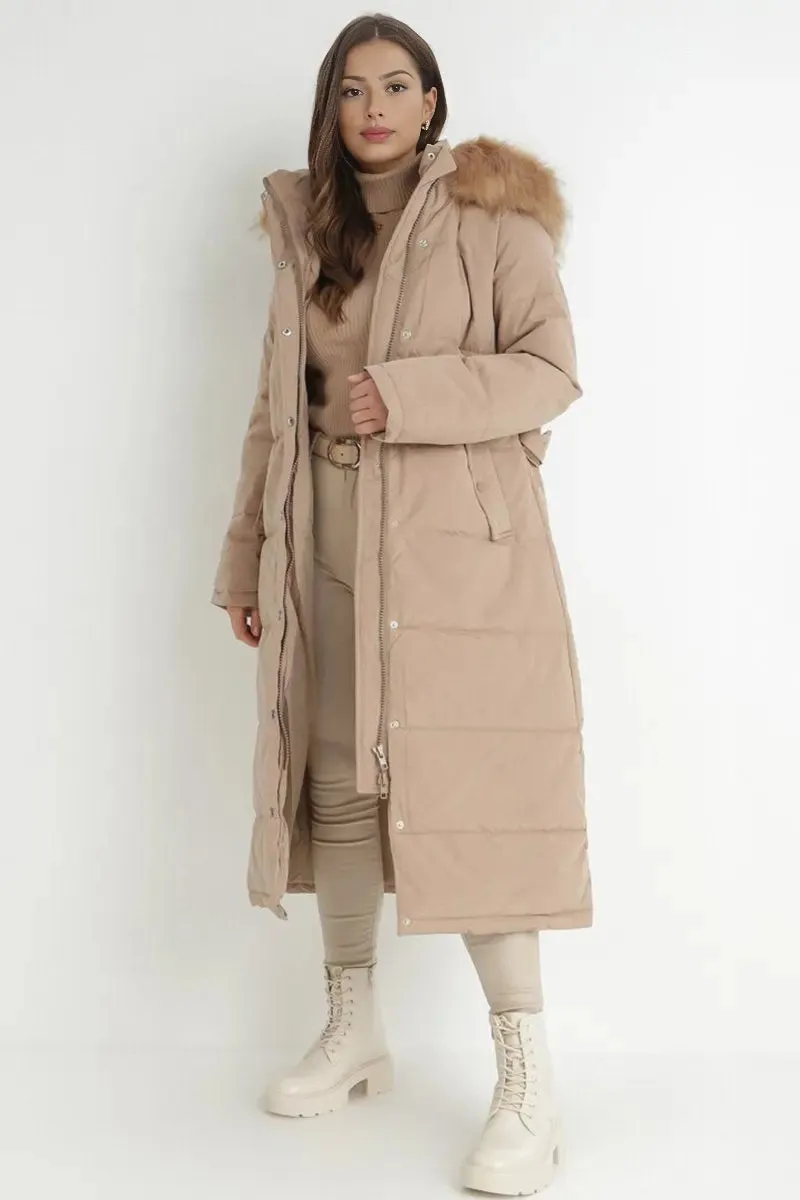 Winter Versatile Plush Hooded Belt Decor Thermal Cotton Coat