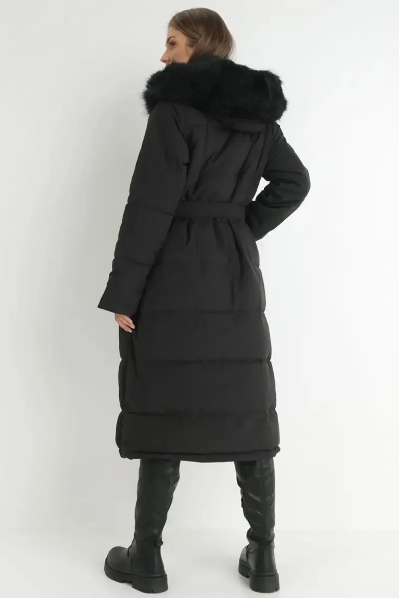 Winter Versatile Plush Hooded Belt Decor Thermal Cotton Coat