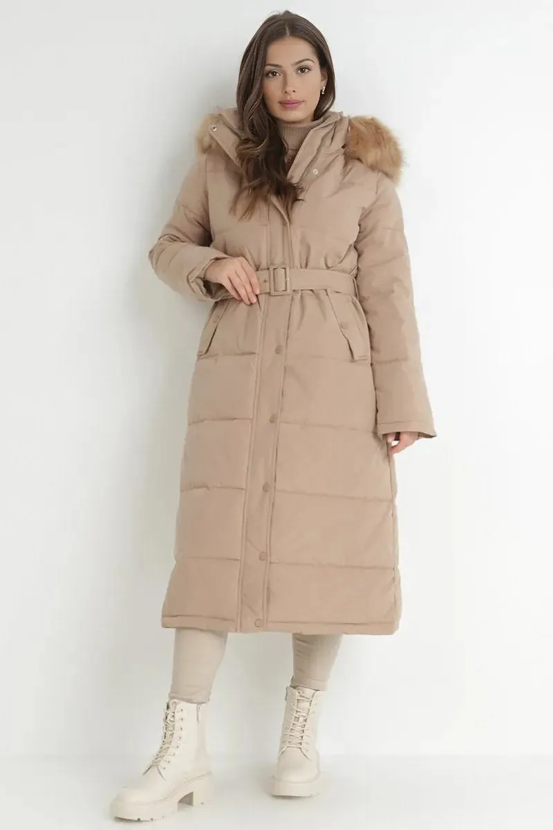 Winter Versatile Plush Hooded Belt Decor Thermal Cotton Coat