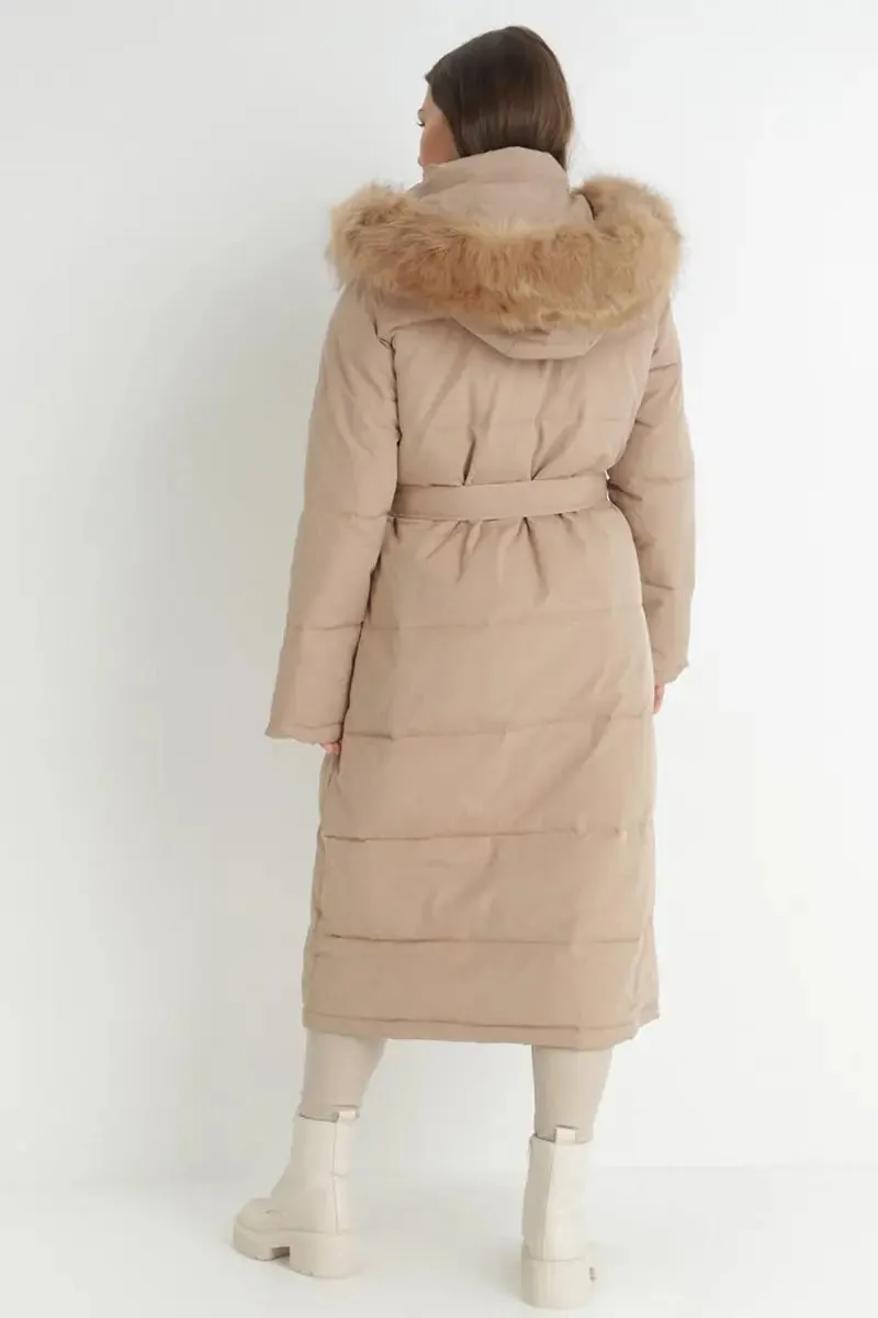 Winter Versatile Plush Hooded Belt Decor Thermal Cotton Coat