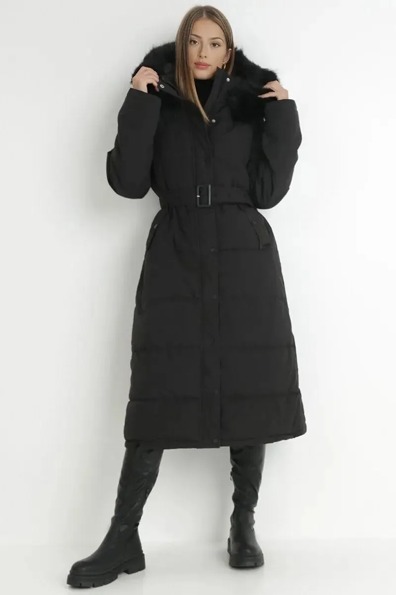 Winter Versatile Plush Hooded Belt Decor Thermal Cotton Coat