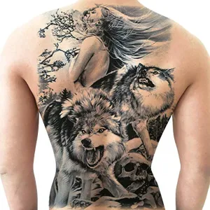 Woman and Wolf Full Back Tattoo - temporary waterproof and durable