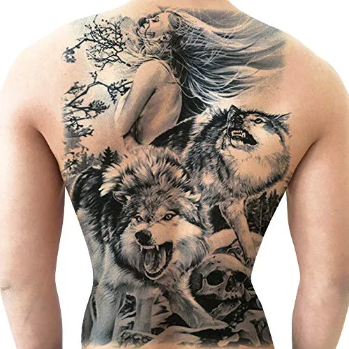 Woman and Wolf Full Back Tattoo - temporary waterproof and durable