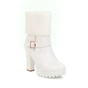 Women's Booties Fold Side Zippers Buckle Straps Block Chunky Heel Platform Short Boots