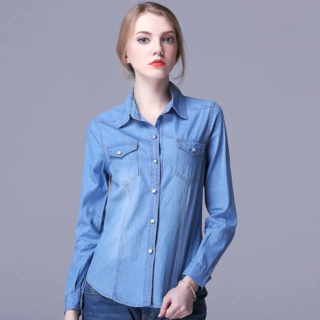 Womens Fashion Denim Shirt Lapel Neck 2018 Spring Autumn Female Cowboy Tops Long Sleeve with Pockets Ladies Cowgirl Blouses Blue