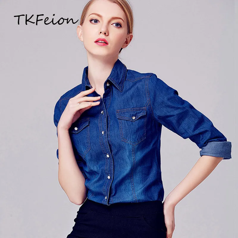 Womens Fashion Denim Shirt Lapel Neck 2018 Spring Autumn Female Cowboy Tops Long Sleeve with Pockets Ladies Cowgirl Blouses Blue