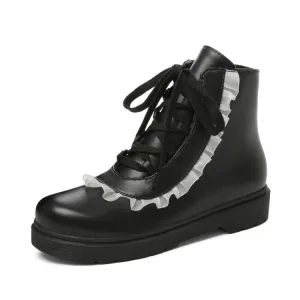 Women's Pu Leather Lolita Lace Up Flat Ankle Boots
