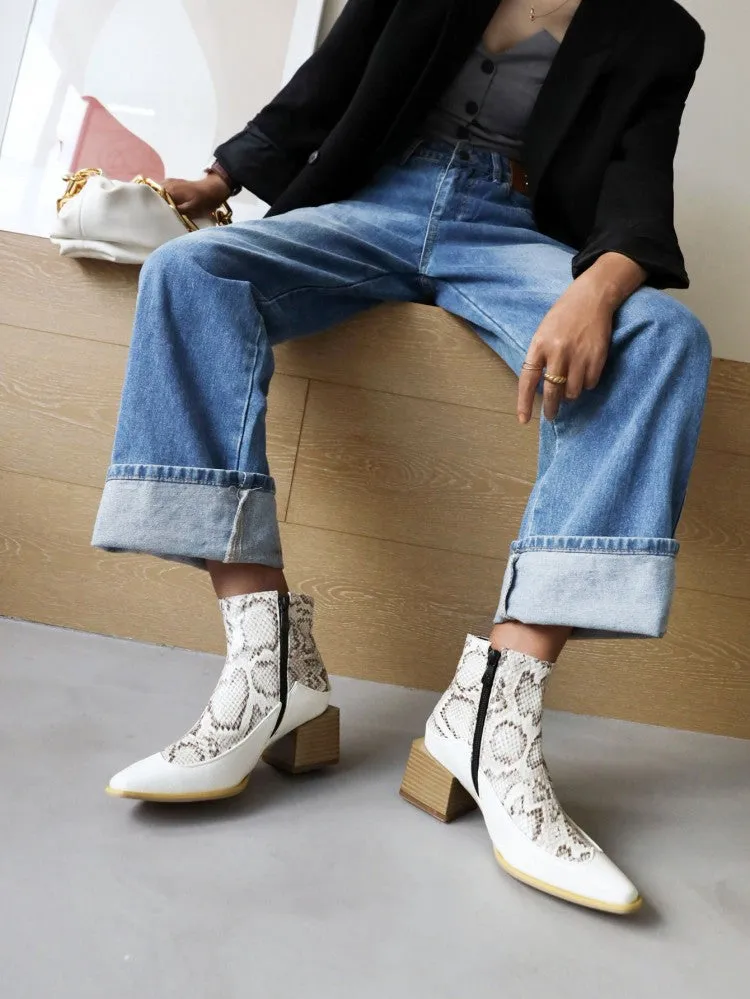 Women's Pu Leather Patchwork Block Heel Short Boots