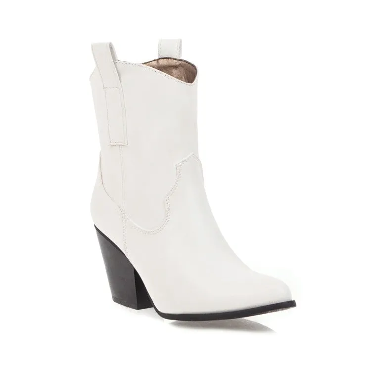 Women's Pu Leather Pointed Toe Stitching Patchwork Block Heel Short Boots