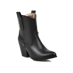 Women's Pu Leather Pointed Toe Stitching Patchwork Block Heel Short Boots