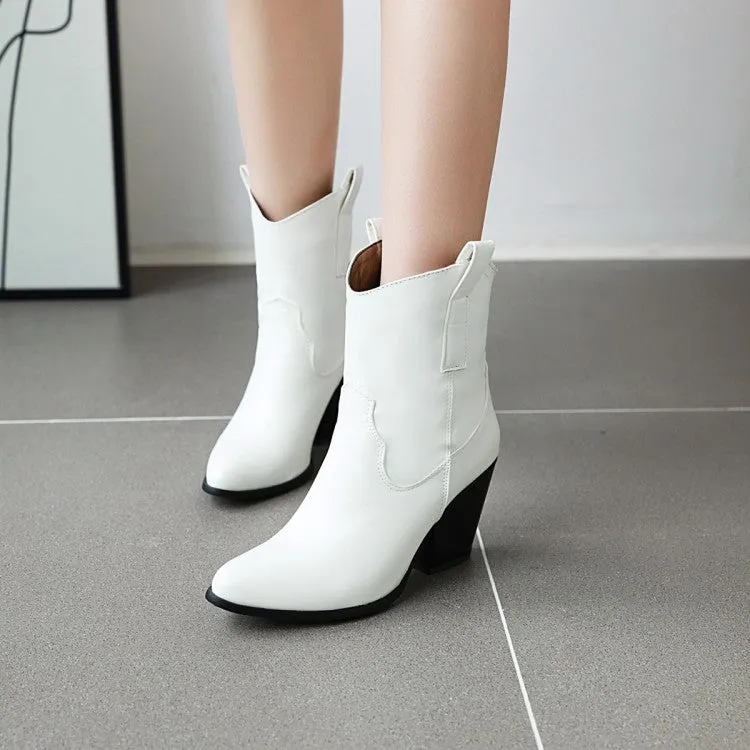 Women's Pu Leather Pointed Toe Stitching Patchwork Block Heel Short Boots