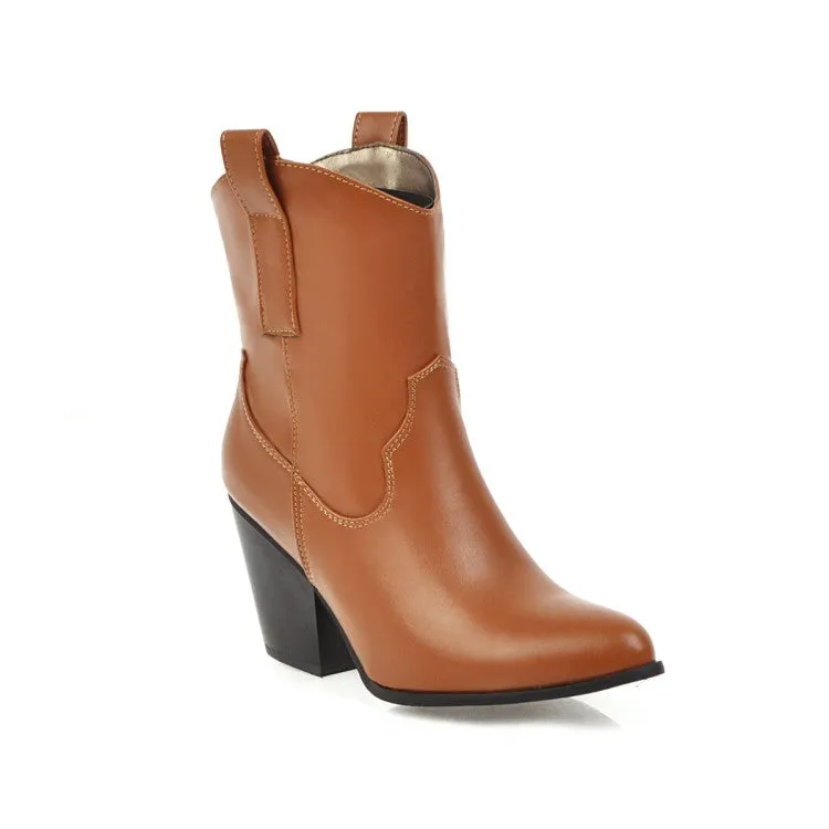 Women's Pu Leather Pointed Toe Stitching Patchwork Block Heel Short Boots