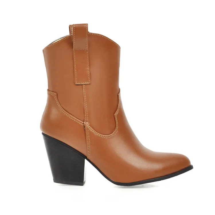 Women's Pu Leather Pointed Toe Stitching Patchwork Block Heel Short Boots