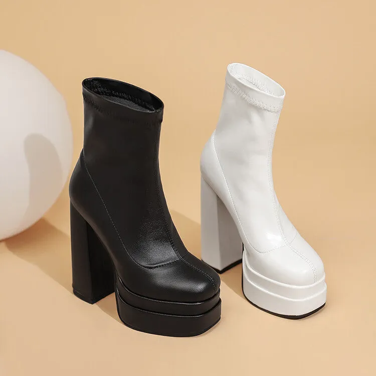 Women's Pu Leather Square Toe Stitching Chunky Heel Platform Short Boots