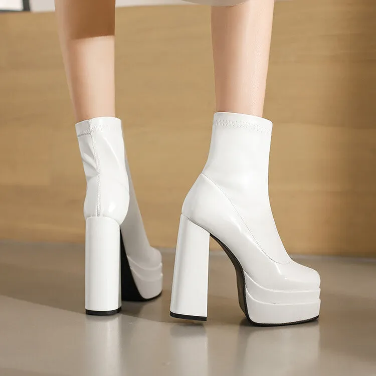 Women's Pu Leather Square Toe Stitching Chunky Heel Platform Short Boots