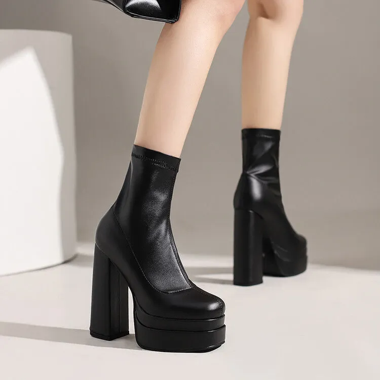 Women's Pu Leather Square Toe Stitching Chunky Heel Platform Short Boots