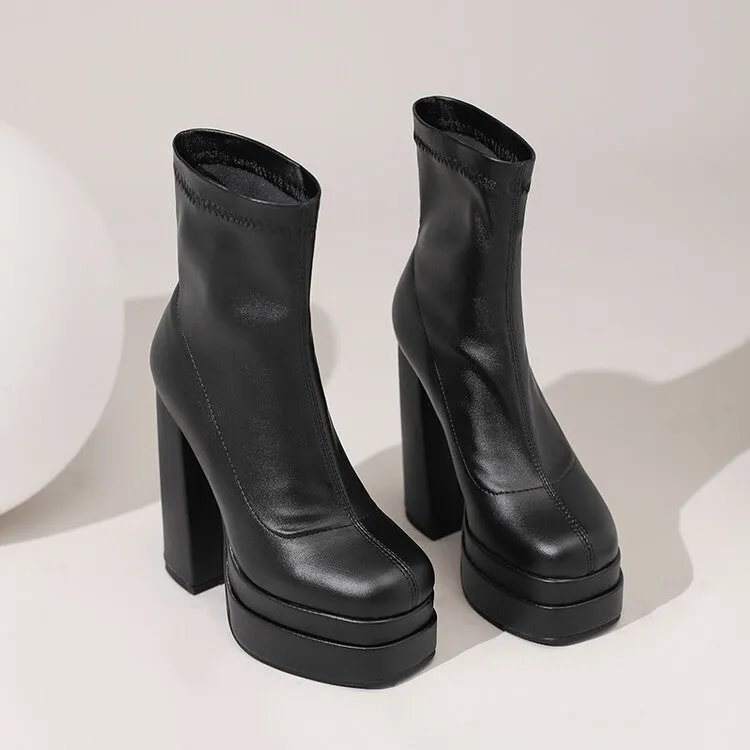 Women's Pu Leather Square Toe Stitching Chunky Heel Platform Short Boots