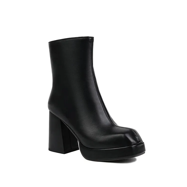 Women's Square Toe Side Zippers Block Heel Platform Short Boots