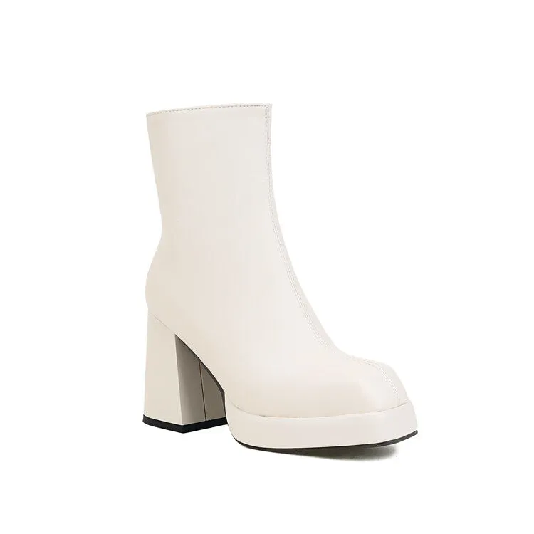 Women's Square Toe Side Zippers Block Heel Platform Short Boots