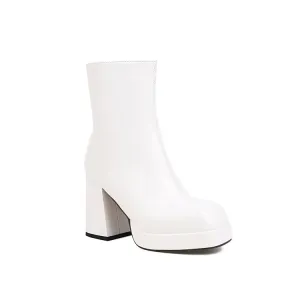 Women's Square Toe Side Zippers Block Heel Platform Short Boots