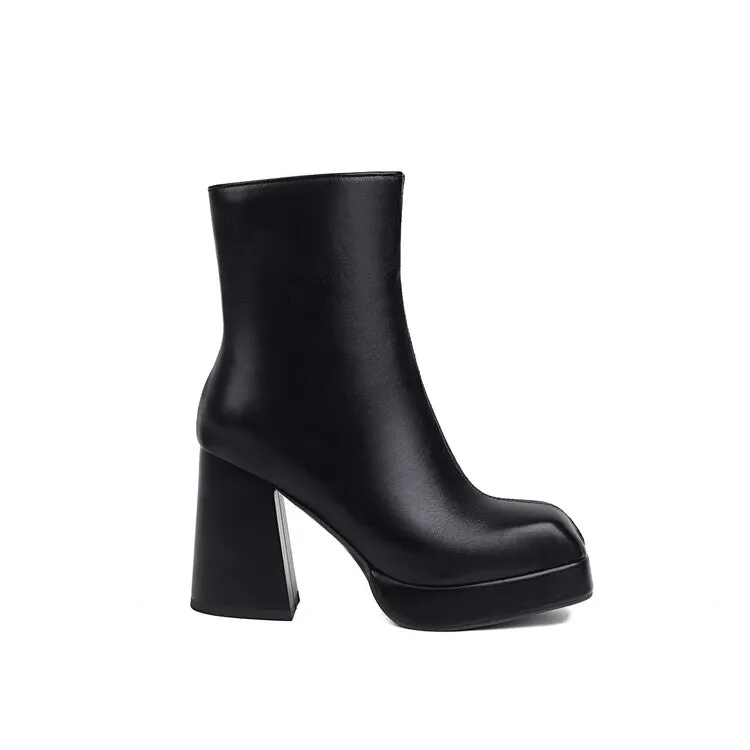 Women's Square Toe Side Zippers Block Heel Platform Short Boots