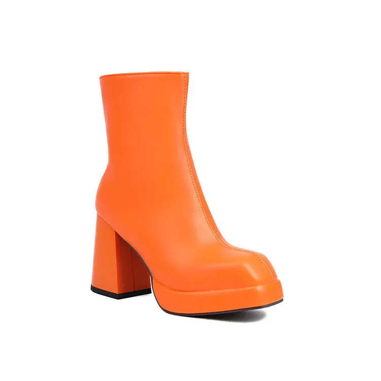 Women's Square Toe Side Zippers Block Heel Platform Short Boots